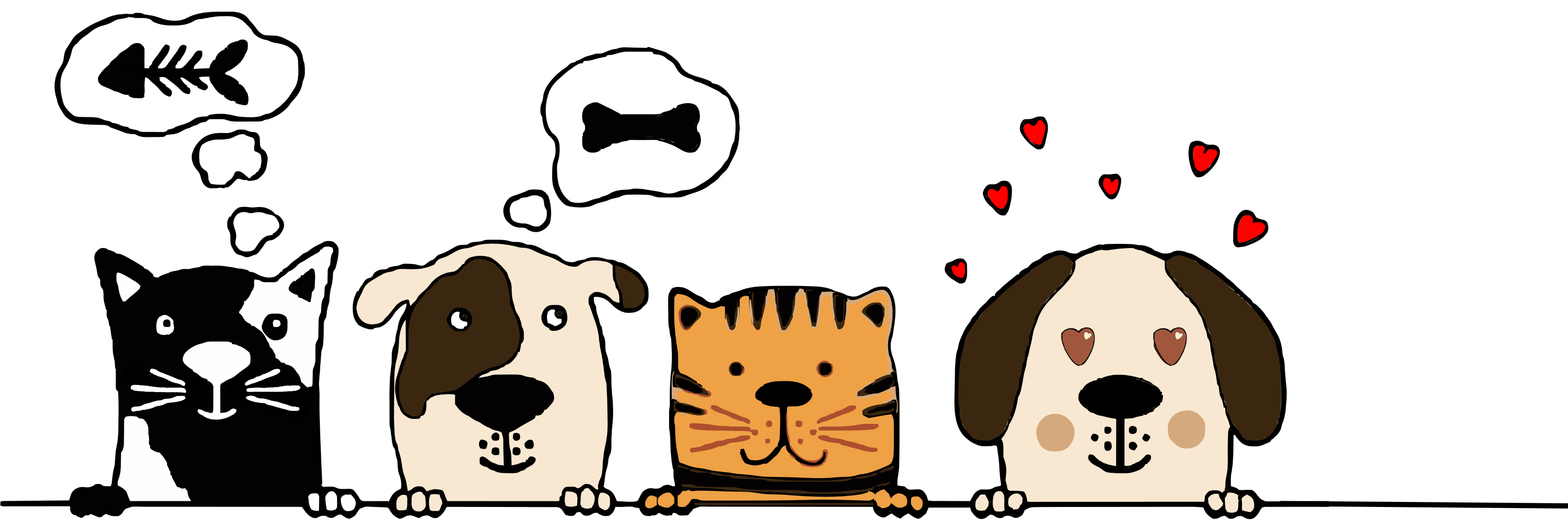 Illustration of a black and white cat, a brown and cream dog, an orange tabby cat, and a brown and cream dog with heart-shaped eyes, peeking over a ledge.